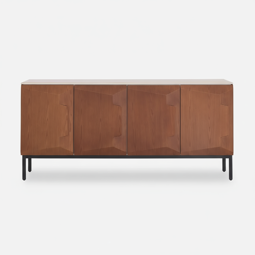 Amelia wooden sideboard – 4-door cabinet with carved doors, brown