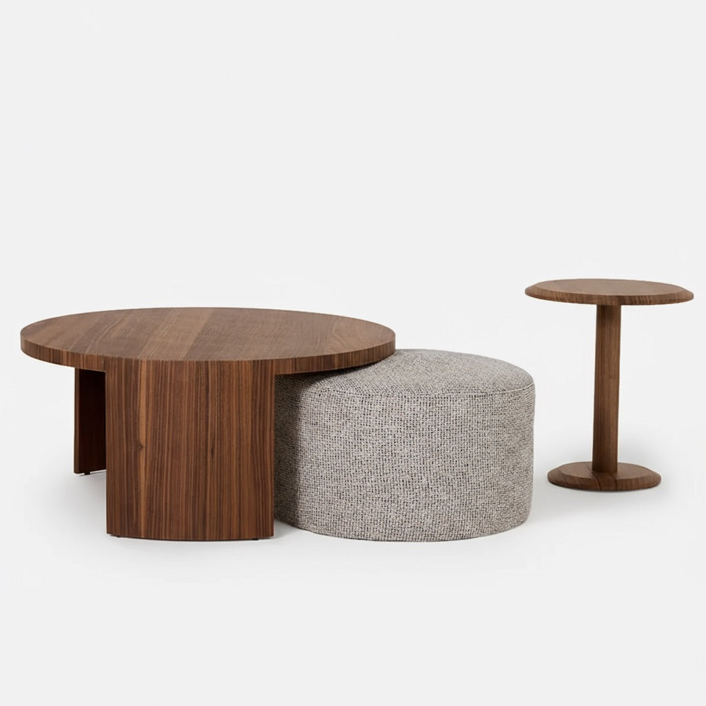 Togg 3-piece set – coffee table, stool &amp; side table, white &amp; brown 